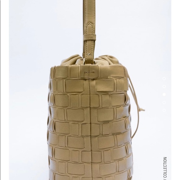 Rare! Zara Taupe grey Woven Leather Bucket Purse - Picture 3 of 5